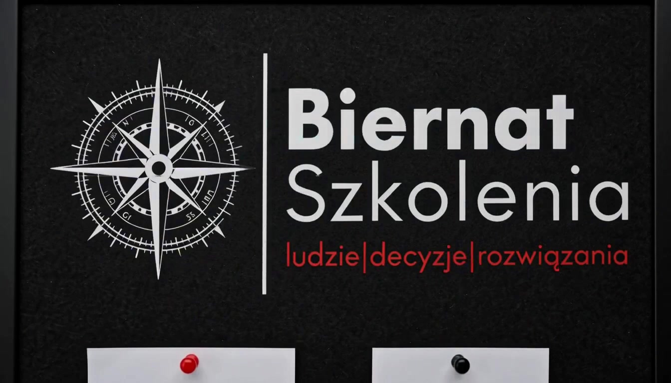 Czarna tablica z grawerowanym kompasem i logo Biernat Szkolenia z hasłem: ludzie, decyzje, rozwiązania